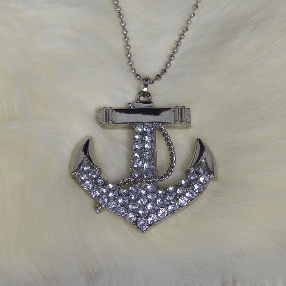 Silver Rhinestone Anchor Necklace Women’s Statement Piece - Picture 3 of 8